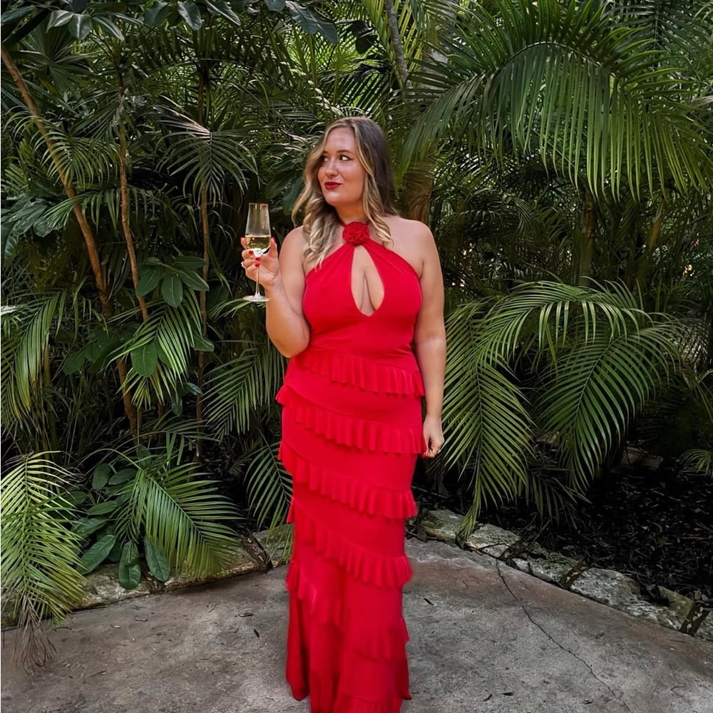 NBD Red Halter Cut Out Tiered Gown